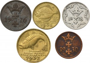 Set, Free Cities of Danzig, 1-10 fenig 1923-1932 (5 pieces).