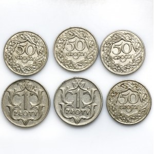 Zestaw, II RP, 50 groszy i 1 złoty (6 szt.)