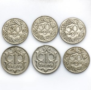 Zestaw, II RP, 50 groszy i 1 złoty (6 szt.)