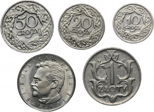 Set, Second Republic, 10-50 pennies, 1-10 zlotys (5 pieces).