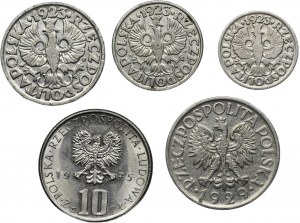 Set, Second Republic, 10-50 pennies, 1-10 zlotys (5 pieces).