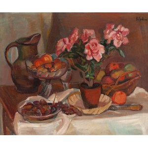 Henryk Epstein (1891 Lodž - 1944 koncentrační tábor, pravděpodobně Osvětim), Zátiší s květinami, ovocem a džbánem, 20. léta 20. století.