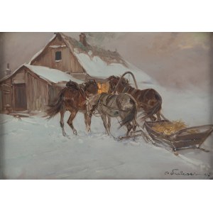 Czeslaw Wasilewski (1875 Warsaw - 1947 Lodz), Horses in front of a hut, 1927