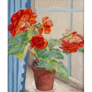 Michał Maksymilian Rekucki (1884 Nowy targ - 1971 Kraków), Red begonias in the window, 1960