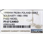 III RP, Próba nikiel 100 000 złotych 1990 Solidarność - NGC PF67 Cameo
