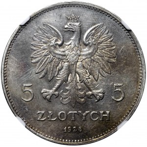 II RP, 5 złotych 1928 Bruksela NIKE - NGC AU Details