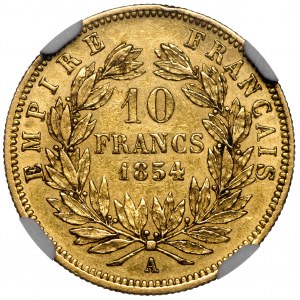 Francja, 10 franków 1854 A - NGC AU55