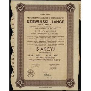 Polen, 5 Aktien zu je 250 Zloty = 1.250 Zloty, 1937, Warschau