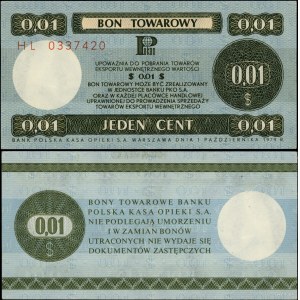 Pologne, bon de 1 cent (0,01 $), 1.10.1979
