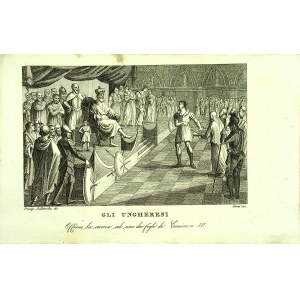 Węgrzy oferują koronę Kazimierzowi IV Oryginalna grafika z książki B.Zaydler ,, Storia della Polonia'', 1831.