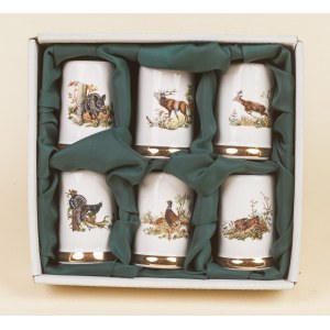 Unknown porcelain factory, Europe, 20th century, Set of porcelain glasses with hunting decoration