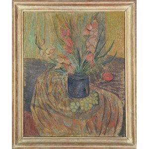 Painter unspecified, 20th century, Still life with flowers and fruit
