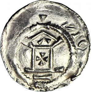Otto i Adelajda 983-1002, denar z kapliczką, wokół krzyża kule
