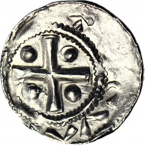 Otto i Adelajda 983-1002, denar z kapliczką, wokół krzyża kule