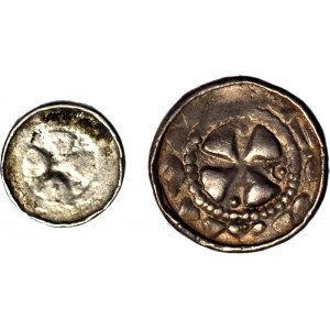 RR-, Obol krzyżowy XIw, krzyż prosty/krzyż maltański, 4 perły w ramionach, tylko 10,5 mm średnicy