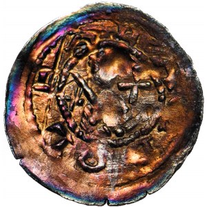 R-, Bolesław IV Kędzierzawy 1146-1157, Denar, Rycerz/trzej książęta - najmłodszy książę w długich włosach