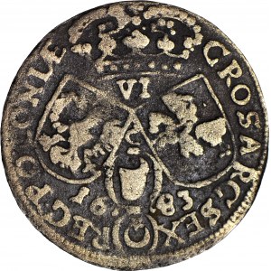RR-, Sobieski sixpence 1683, Krakov, PTAK (s pávom), NEZNAČENÉ, veľmi zriedkavé