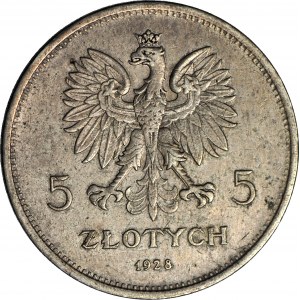 5 Zloty 1928 Nike, mit Schild, Warschau, schön