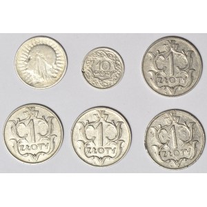 II RP, set of 6 coins, 2 and 1 zloty + 10 gr.