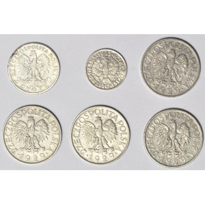 II RP, set of 6 coins, 2 and 1 zloty + 10 gr.