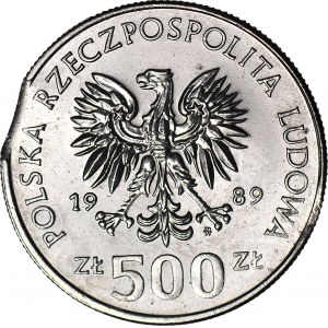 R-, 500 zł 1989, DESTRUKT, błąd wykrawania krążka