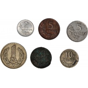 2, 5, 10, 20 groszy 1949 i 1 złoty 1949, zestaw 6 szt.