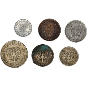 2, 5, 10, 20 groszy 1949 i 1 złoty 1949, zestaw 6 szt.