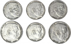 Niemcy, zestaw 6 szt. monet 5 i 2 marki 1935-37 Hindenburg