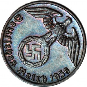 Niemcy, III Rzesza, 1 Pfennig 1938 E, destrukt, skrętka 45 stopni