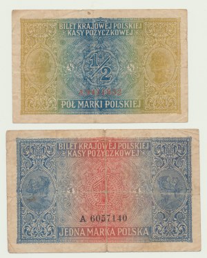 1/2 marki polskiej i 1 marka 1916 jenerał, seria A, zestaw 2 szt.