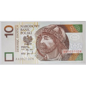 10 złotych 1994, druk TDLR Londyn, AA 0037024, dwa zera na początku