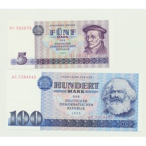Niemcy, DDR, 5 ser. NI i 100 marek ser. AE 1975