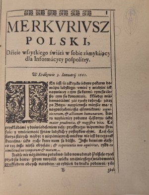 MERKURIUSZ POLSKI DAYS OF ALL THE WORLD IN SOBIE CLOSING FOR POSPOLITIVE INFORMATION Reprint of 1661