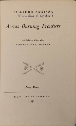 [GIEYSZTOR] ZAWISZA Olgierd - ACROSS BURNING FRONTIERS New York 1943