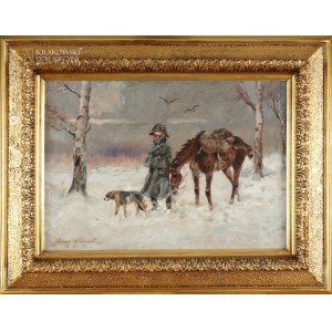 Jerzy KOSSAK (1886-1955), Rückzug unter Moskau - ein Soldat mit einem Hund und einem Pferd.