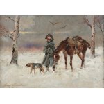 Jerzy KOSSAK (1886-1955), Rückzug unter Moskau - ein Soldat mit einem Hund und einem Pferd.
