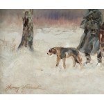 Jerzy KOSSAK (1886-1955), Rückzug unter Moskau - ein Soldat mit einem Hund und einem Pferd.