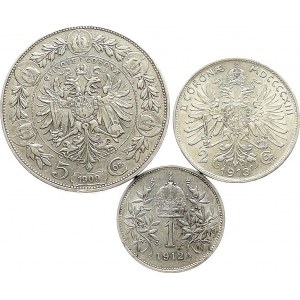 Austria 1 - 5 Corona 1909-1913 Lot of 3 coins