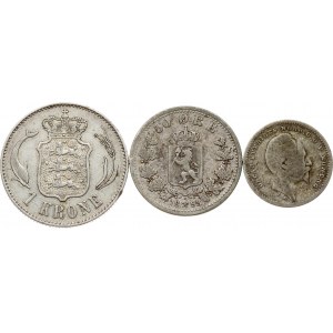 Denmark 1 Krone 1892 & Norway 50 Ore 1893 & Sweden 25 Ore 1856 Lot of 3 coins