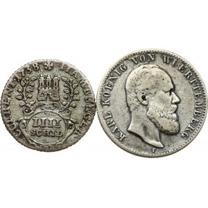 Hamburg 4 Schilling 1738 IHL & Wurttemberg 2 Mark 1876 F Lot of 2 coins
