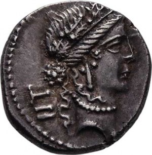 Julius Caesar, 48 - 47 př.Kr., AR Denár, Hlava Venuše zprava, nápis 