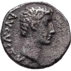 Augustus, 27 př.Kr. - 14 po Kr., AR Quinarius, Victoria zleva na přídi lodi, RIC.474,