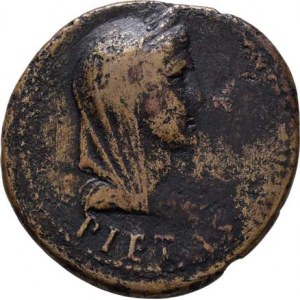 Livia - pamětní ražba za Tiberia, AE Dupondius, PIETAS., pravděpodobný portrét Livie/