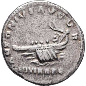 Marcus Antonius - restituční ražba z roku 180 po Kr., AR Denár, Av: ANTONINVS.AVGVR.III.VIR.P.P.,
