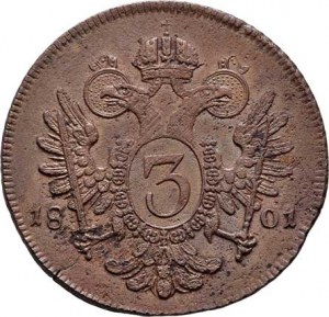 František II., 1792 - 1835, Cu 3 Krejcar 1801 F, Hall, 8.532g, nep.vada mater.,