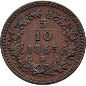 Rakouská a spolková měna, údobí let 1857 - 1892, 5/10 Krejcaru 1863 B, 1.726g, nep.hr., pěkná