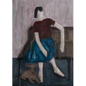 Gosia SENDLEWSKA (geb. 1988), Frau auf einer Bank und ein Hund, 2024