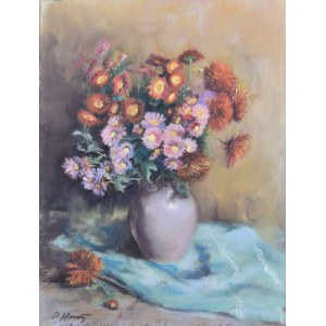 Painter unspecified, 20th century, Zinnias in a vase