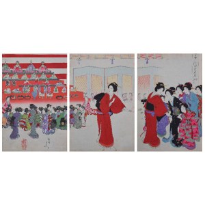 TOYOHARA CHIKANOBU(1838-1912), Bábkový festival zo série Chiyoda no o-oku - triptych