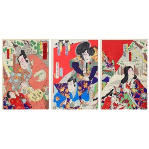 TOYOHARA KUNICHIKA(1835-1900), Herci ve hře kabuki Onai Hitome no Sekimori - triptych